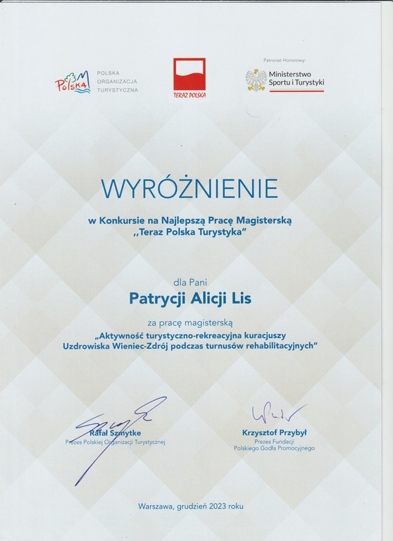 Konkursu na Najlepszą Pracę Magisterską „Teraz Polska Turystyka” 